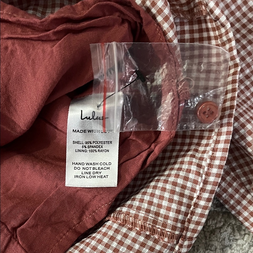 Lulus Demure and Sweet Terracotta Pink Gingham Button-Front Long Sleeve Top XL - Picture 9 of 10